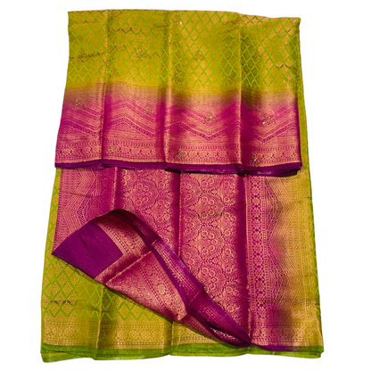 Soft Vegan Silk Saree olive Green Colour with Pink Border