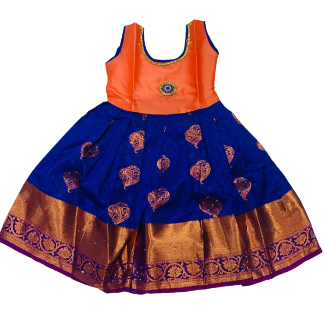 One Piece Ethnic Lehanga- Orange & Blue-5 Year Baby