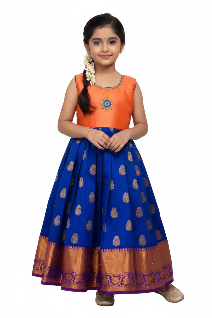 One Piece Ethnic Lehanga- Orange & Blue-4 Year Baby