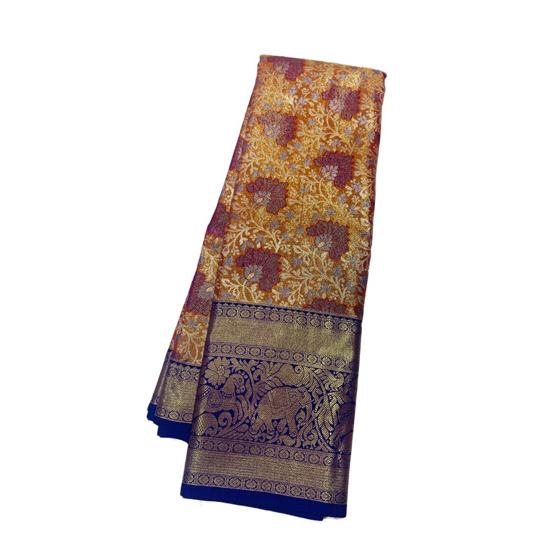 Orange shade Soft kanchi pattu with Blue Border