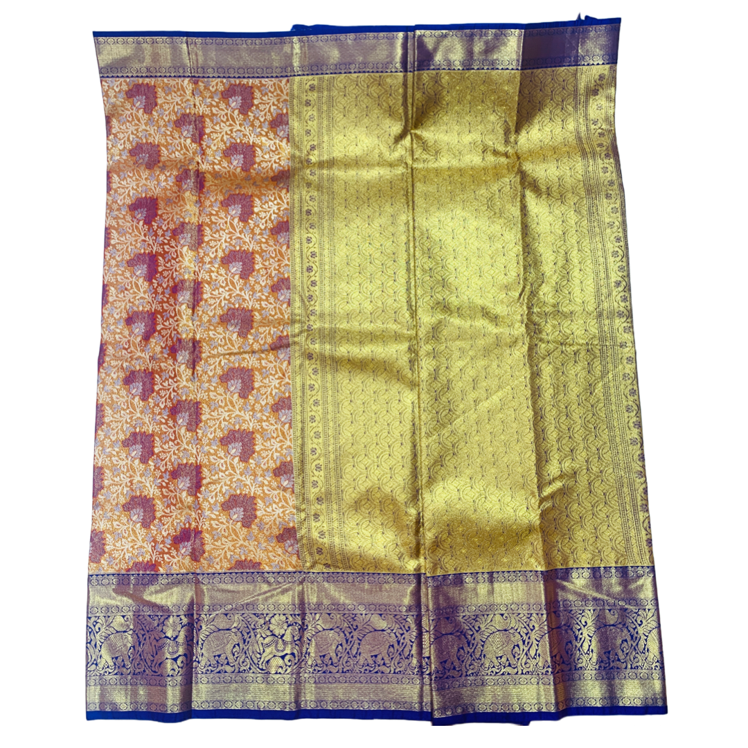 Orange shade Soft kanchi pattu with Blue Border