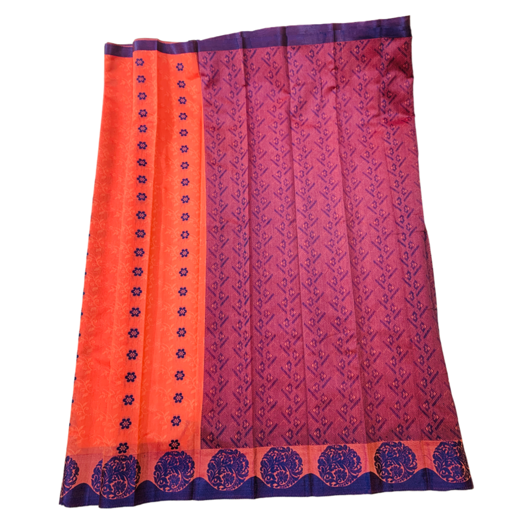 Orange shade silk cotton Saree with Blue Border