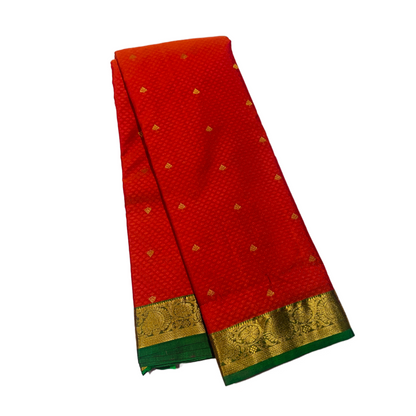 Orange shade Semi Silk Saree with Green Border with Mango and Flower Design