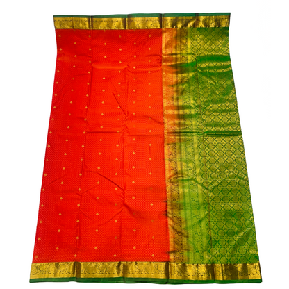 Orange shade Semi Silk Saree with Green Border with Mango and Flower Design