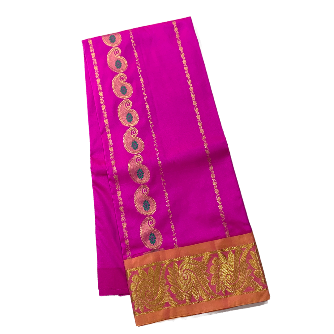 Pink shade Semi Silk Kids Pattu Pavadai with contrast border for age 5 to 10