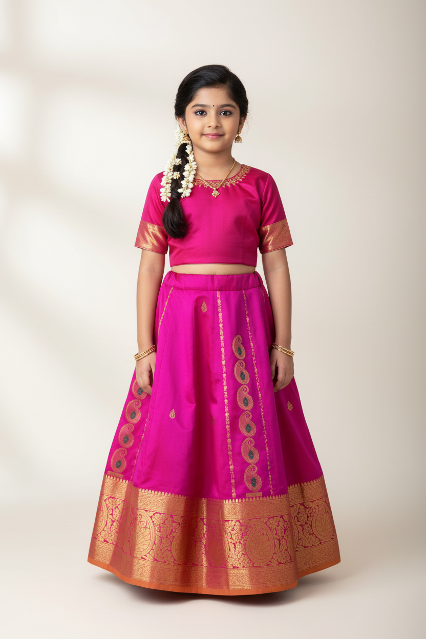 Pink shade Semi Silk Kids Pattu Pavadai with contrast border for age 5 to 10