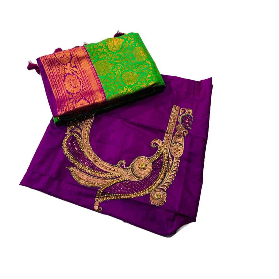 Vegan Silk Saree Apple Green shade with Purple Border with Unstitched blouse in Aari work