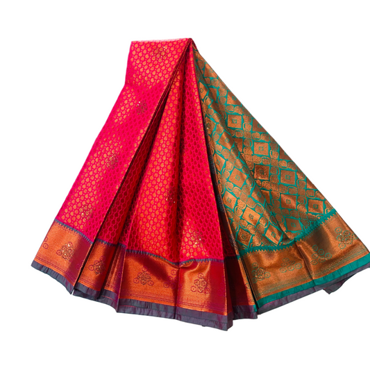 Vegan Silk Saree Pink Colour with Copper with Purple with flower design
