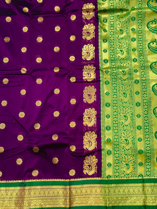 Purple shade saree with Sliver and Green Border