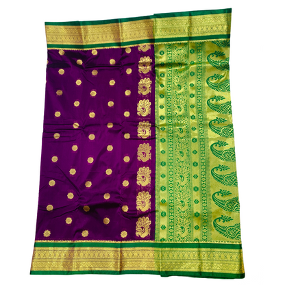 Purple shade saree with Sliver and Green Border