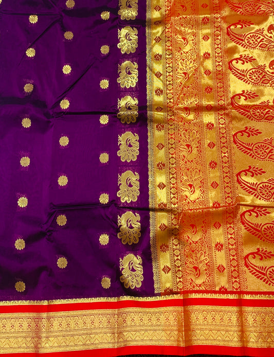 Purple shade saree with Sliver and Red Border