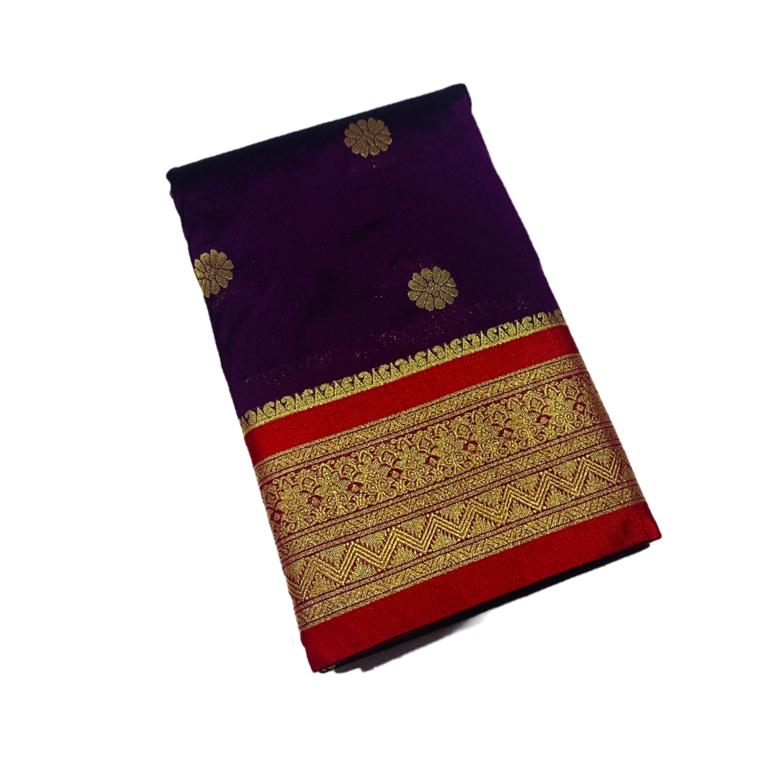 Purple shade saree with Sliver and Red Border