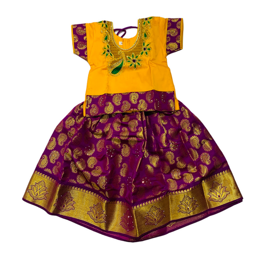 Ready To Wear Purple Pavadai with contrast Yellow Blouse - 2 Year Baby