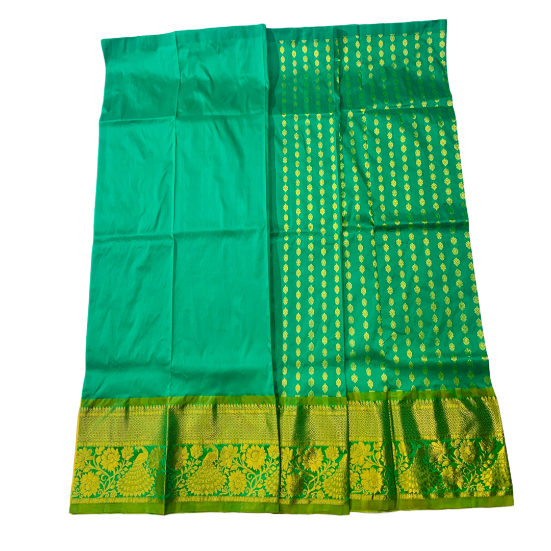 Parrot Green shade Semi Silk Kids Pattu Pavadai with contrast border for age above 10 years