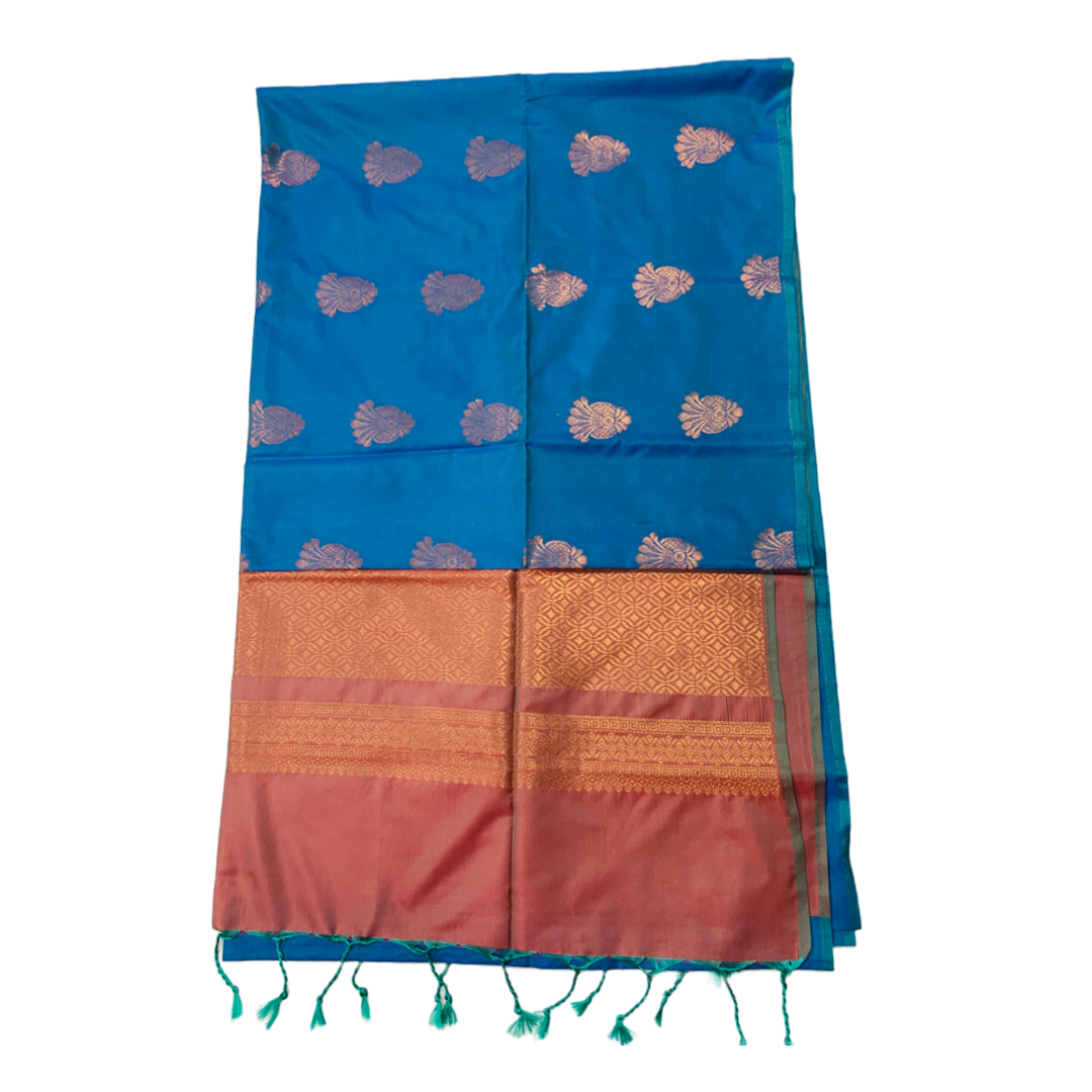 Soft Vegan Silk Saree Pepsi Blue Colour with Brown Pallu