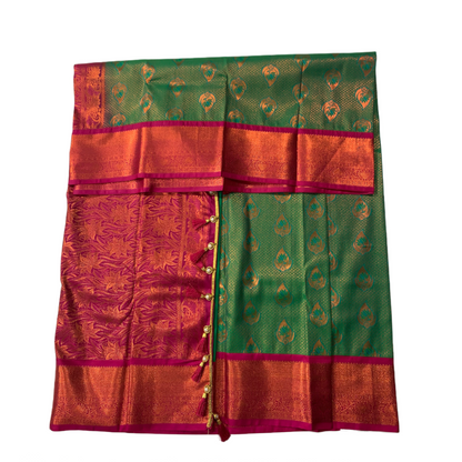 Peacock Green shade Soft kanchi pattu with Pink Border with Unstitched blouse in Aari work.