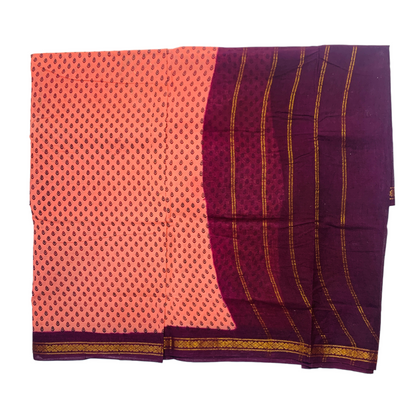 Peach shade shade 9 yards Cotton Saree with Brown Border