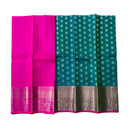 Peacock Green shade Pure kanchipuram Kids Pattu Pavadai with Sliver border for newborn to 2 Years