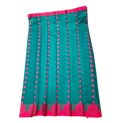 Peacock Green shade silk cotton Saree with Pink Border