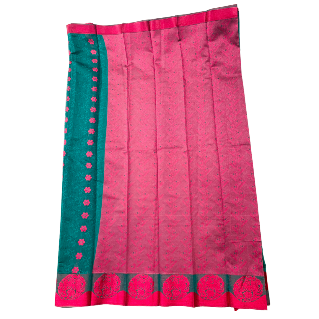 Peacock Green shade silk cotton Saree with Pink Border