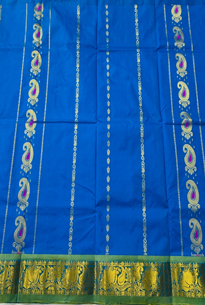 Pepsi Blue shade Semi Silk Kids Pattu Pavadai with contrast border for age 5 to 10