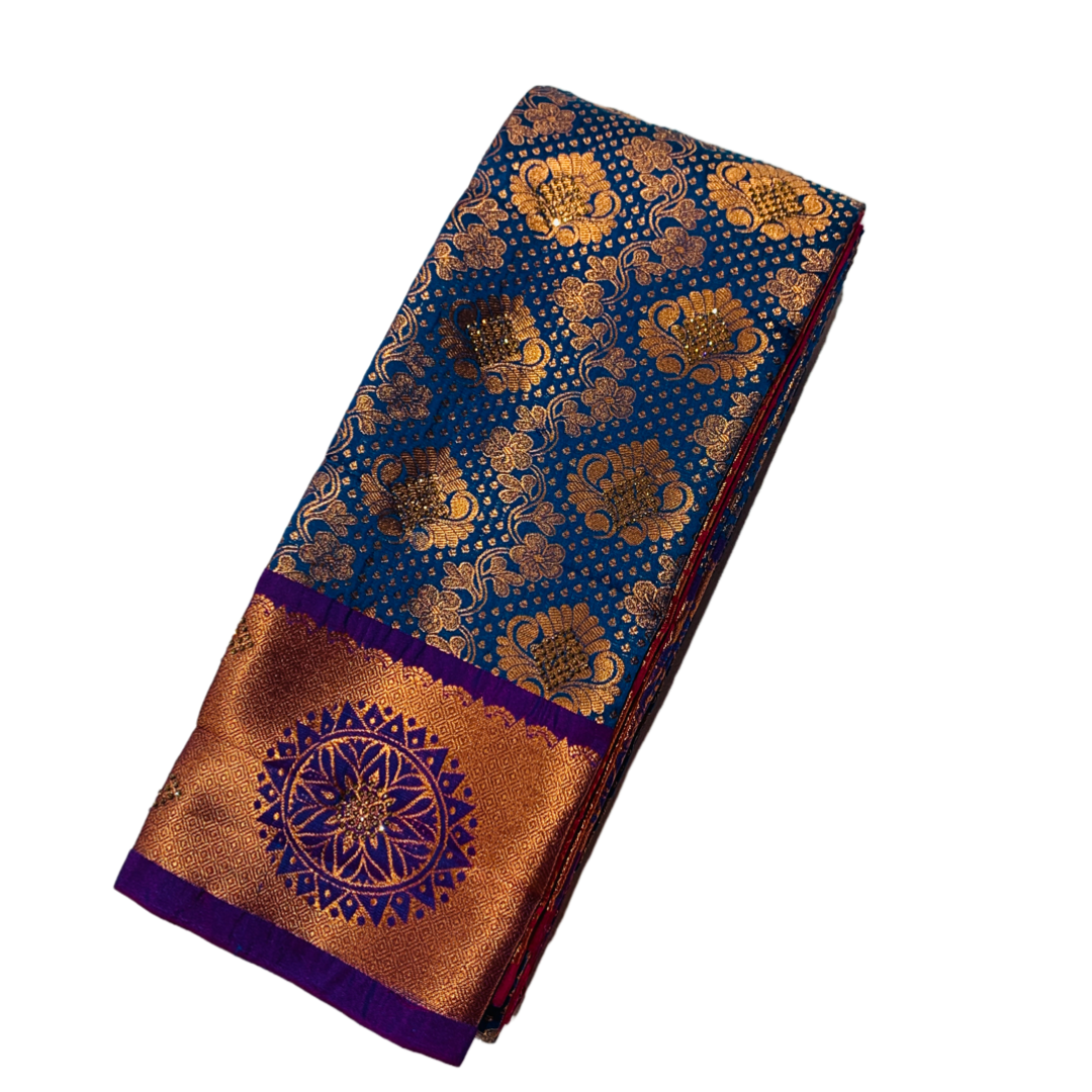 Bridal Vegan Silk Saree Pepsi Blue Colour with Copper Border