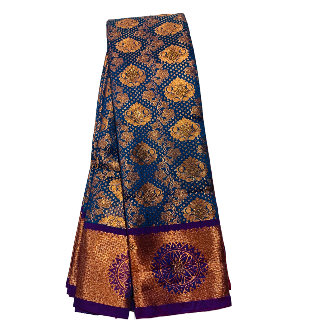 Bridal Vegan Silk Saree Pepsi Blue Colour with Copper Border