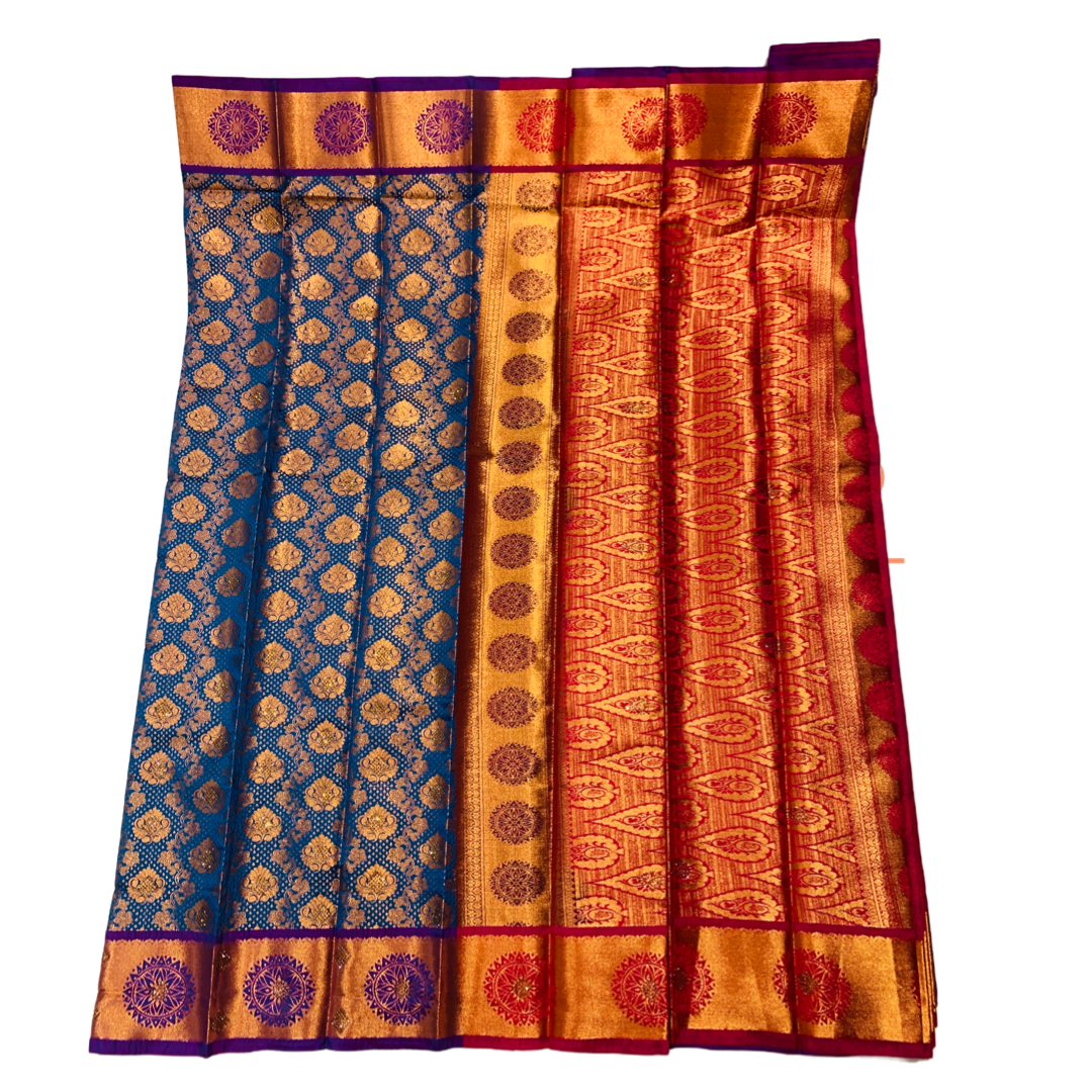 Bridal Vegan Silk Saree Pepsi Blue Colour with Copper Border