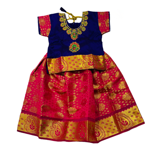 Ready To Wear Pink Pavadai with contrast Blue Blouse - 2 Year Baby