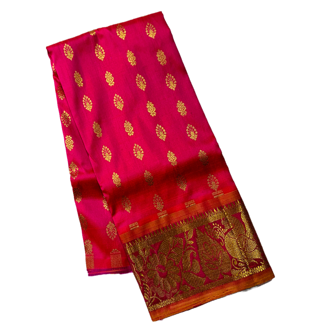 Pink shade Pure Kanchipuram Kids Pattu Pavadai with Self border for newborn to 2 Years