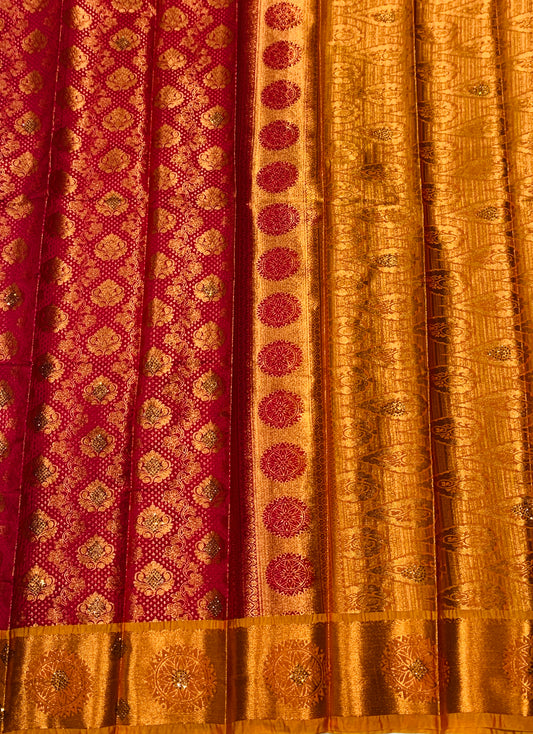 Bridal Vegan Silk Saree Pink Colour with Copper Border