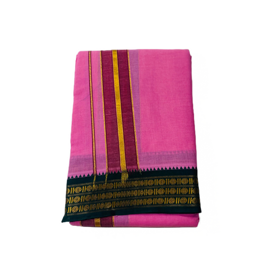 Pink shade Cotton Dhoti with  Border Green shade with diamond design.