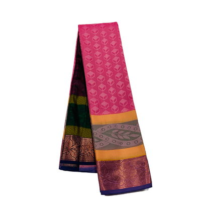 Pink shade saree with Green and Copper Border