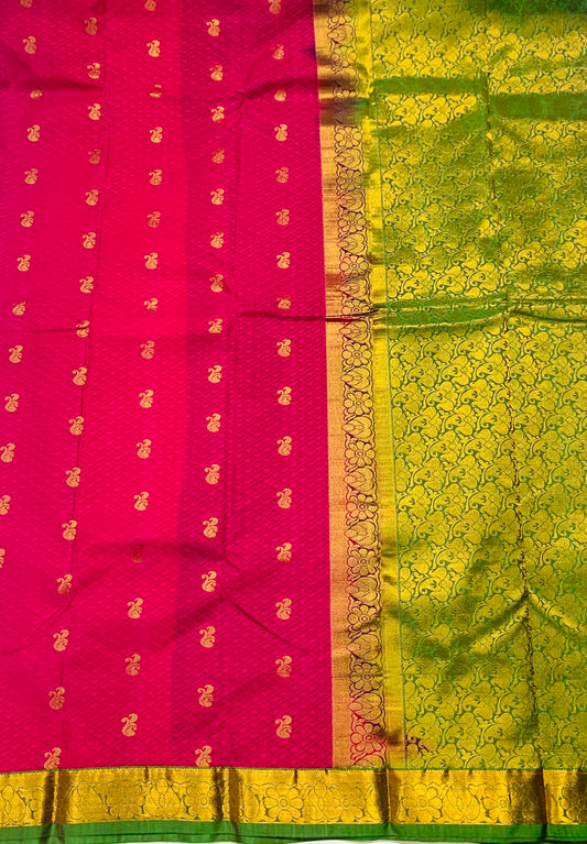 Pink shade Semi Silk Saree with Green Border with Flower Design