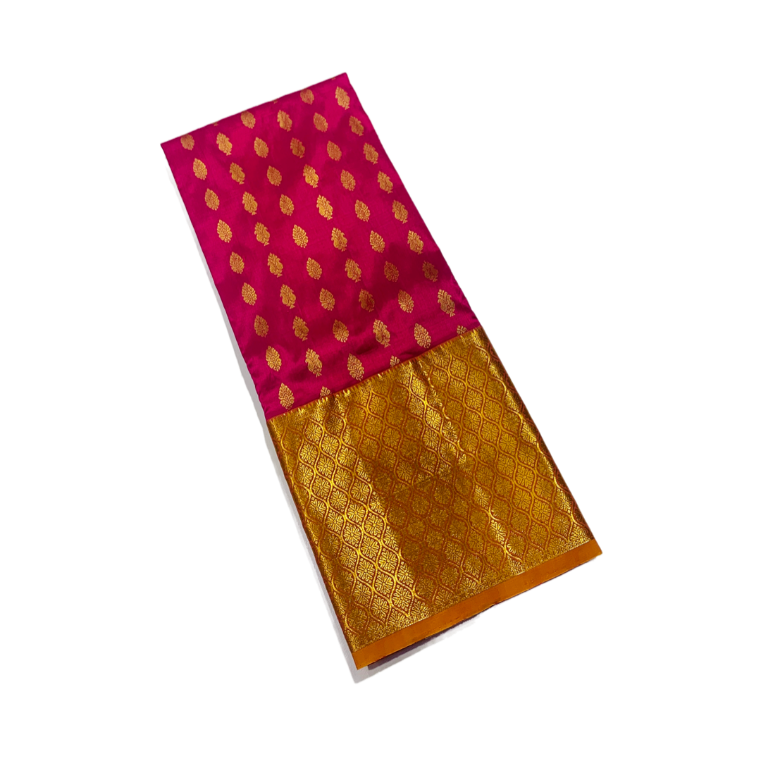 Pink shade Pure Kanchipuram Kids Pattu Pavadai with contrast border for age 5 to 10