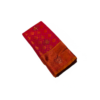 Pink Soft kanchi pattu with Copper and Golden Yellow Border.