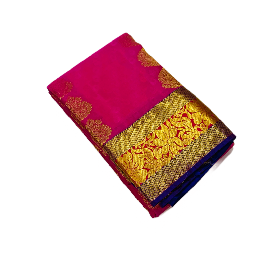 Pink Shade Kanchipuram Silk Saree with Blue Border with Lotus design