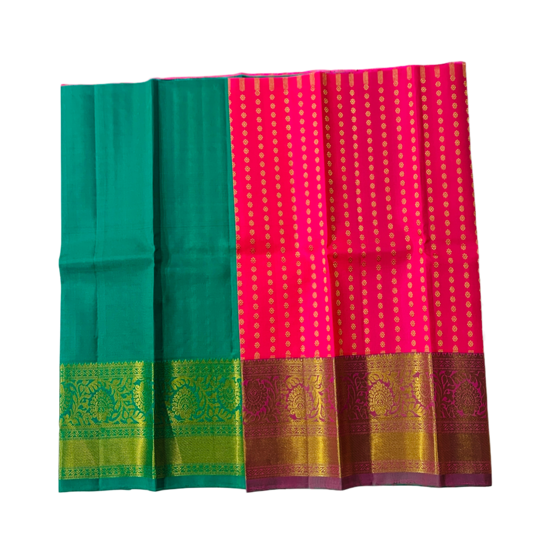 Rani Pink shade Pure Kanchipuram Kids Pattu Pavadai with Golden border for newborn to 2 Years