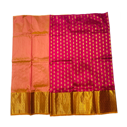 Pink shade Pure Kanchipuram Kids Pattu Pavadai with contrast border for age 5 to 10