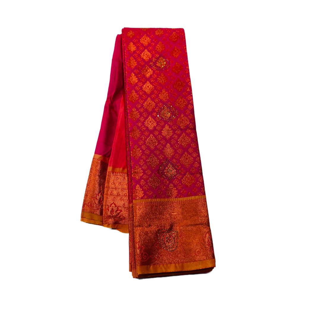 Pink Soft kanchi pattu with Copper and Golden Yellow Border.