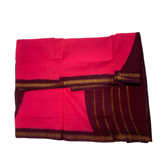 9 yards Cotton Saree Pink Colour with Brown Border