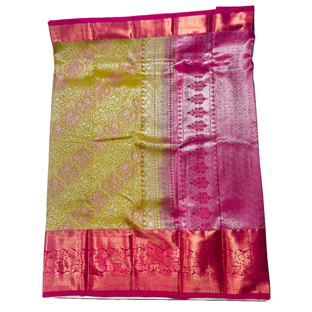 Olive Green shade Soft kanchi pattu with Pink Border.