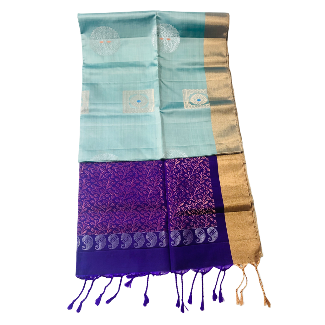 Soft Silk Saree Sky Blue Colour with Copper Border