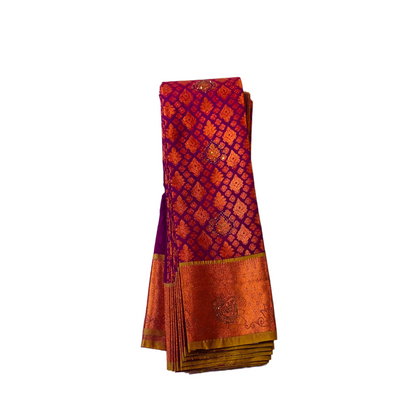 Vegan Silk Saree Purple with Copper with canary Yellow with flower design.