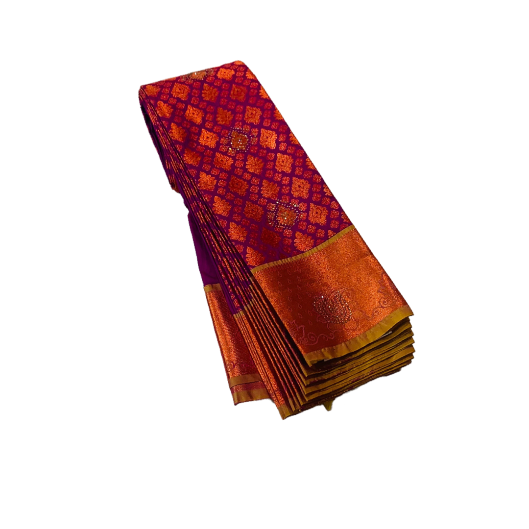 Vegan Silk Saree Purple with Copper with canary Yellow with flower design.