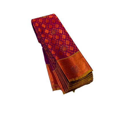 Vegan Silk Saree Purple with Copper with canary Yellow with flower design.