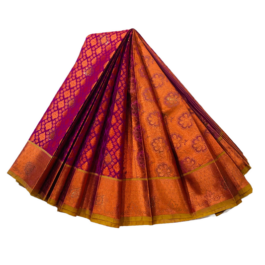 Vegan Silk Saree Purple with Copper with canary Yellow with flower design.