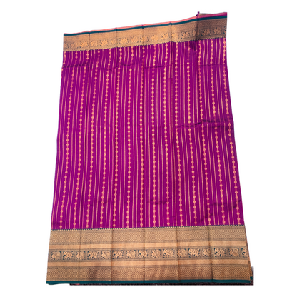 Purple shade saree with Green Border with Elephant and Peacock design