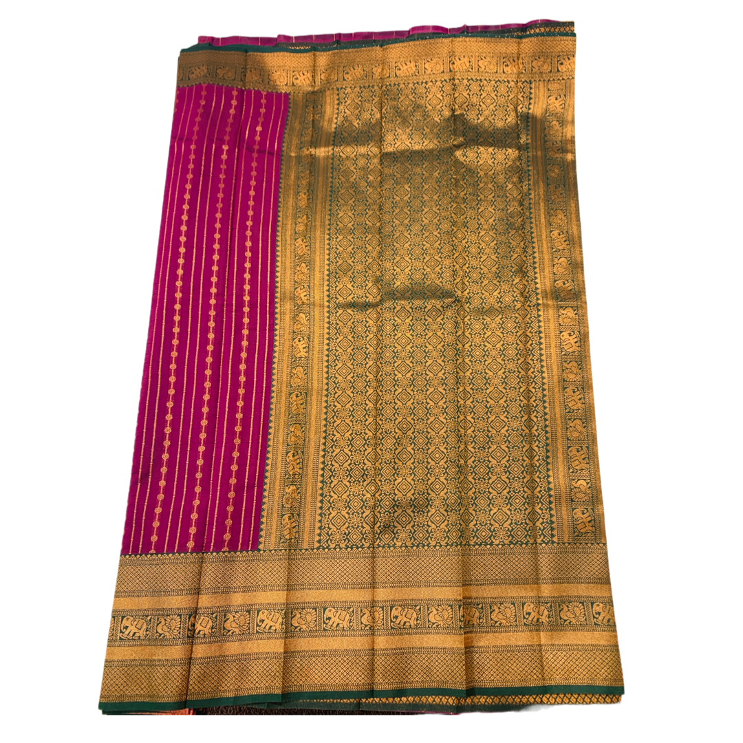 Purple shade saree with Green Border with Elephant and Peacock design