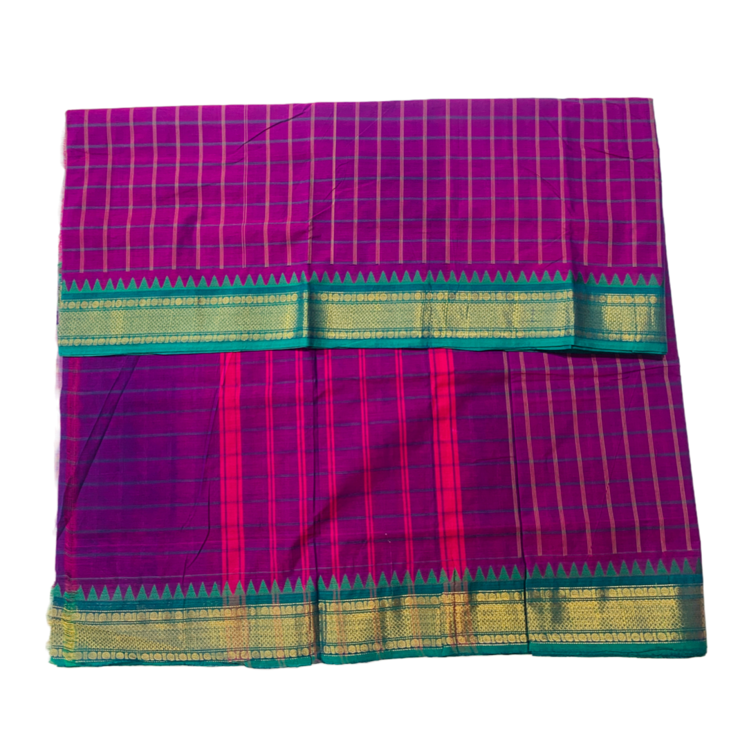 9 yards Cotton Saree Magenta Colour with Green Border